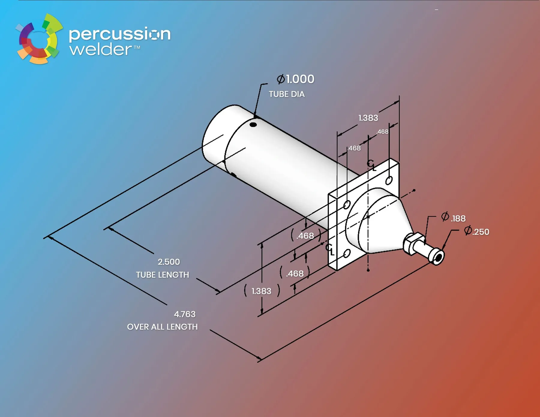 Engineering drawing of a cylindrical part with dimensions on a Percussion Welder branded gradient