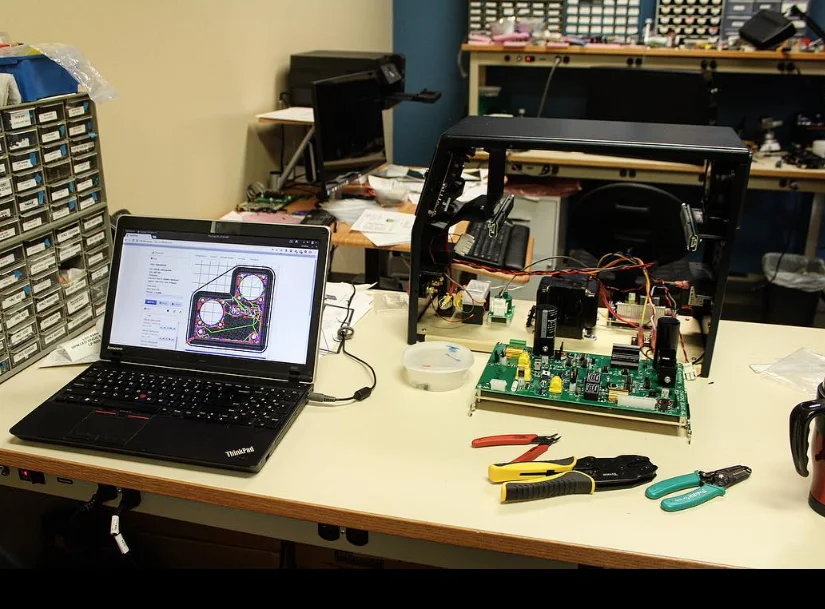 A laptop showing a circuit board layout next to an open 858 chassis with its circuit board on a lab bench, with crimpers and wire strippers