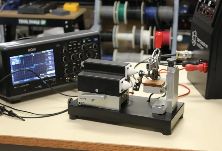 The 726 bench fixture with a LeCroy oscilloscope showing a weld waveform, and the Percussion Welder 858 at right