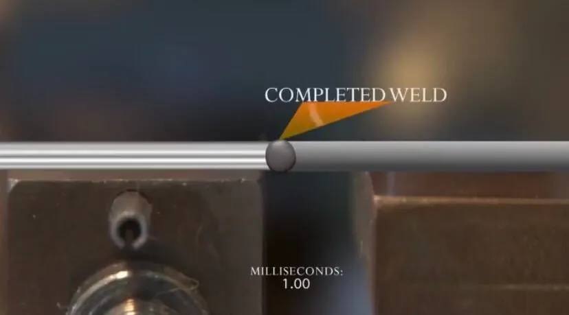 Slow-motion frame labeled Completed Weld showing a joined wire