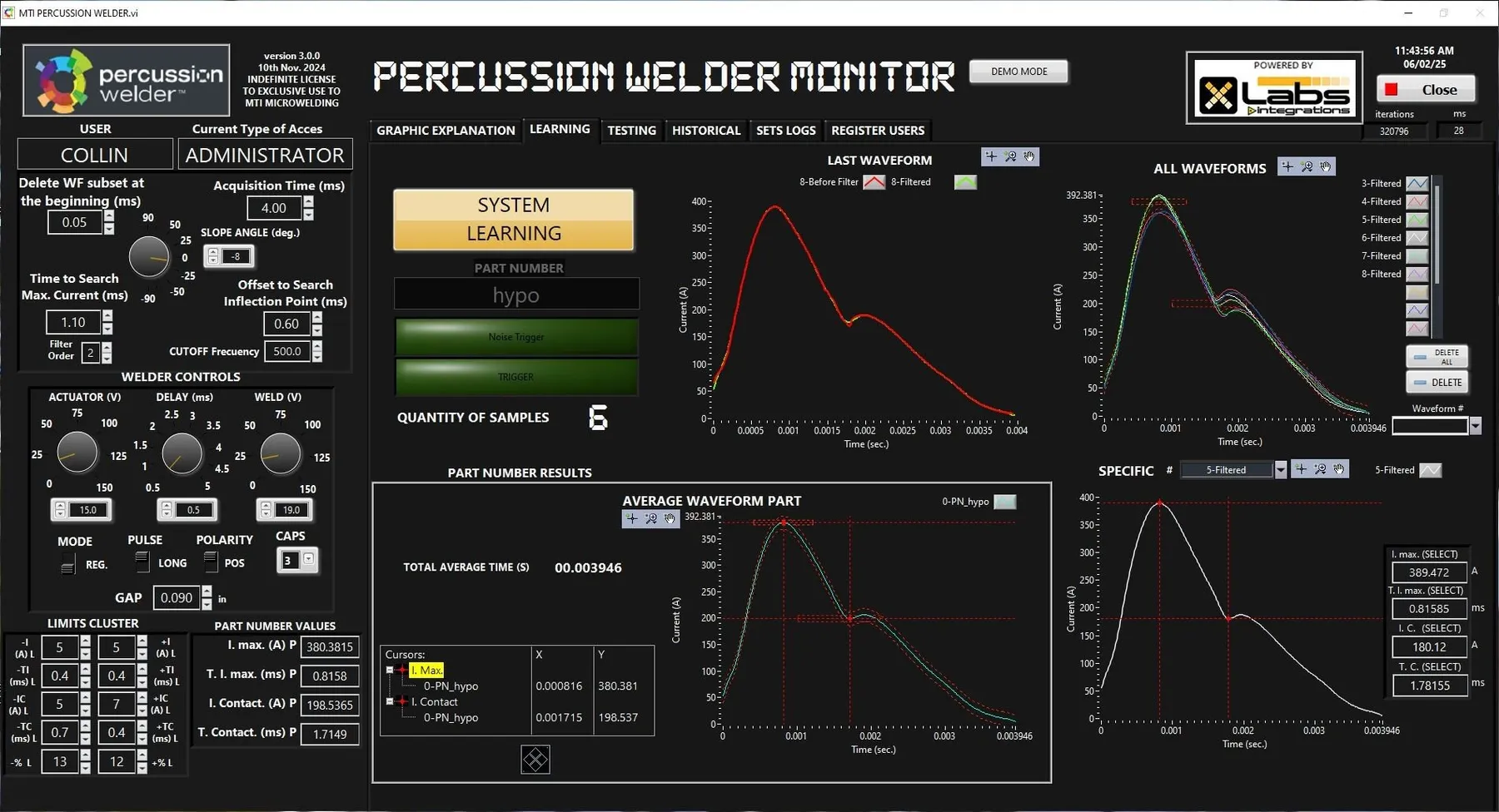 Weld Monitor software window in learning mode with several waveform graphs