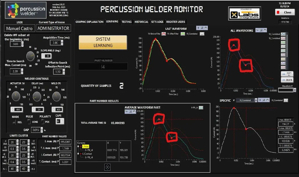 Weld Monitor software screen in learning mode with waveform graphs and highlighted areas