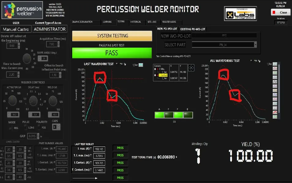 Weld Monitor software showing a PASS result with waveform graphs and 100 percent weld readout