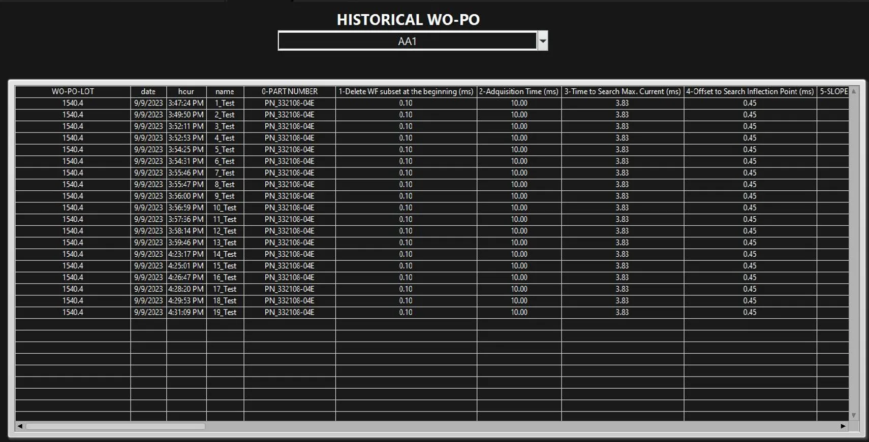 Weld Monitor historical data table