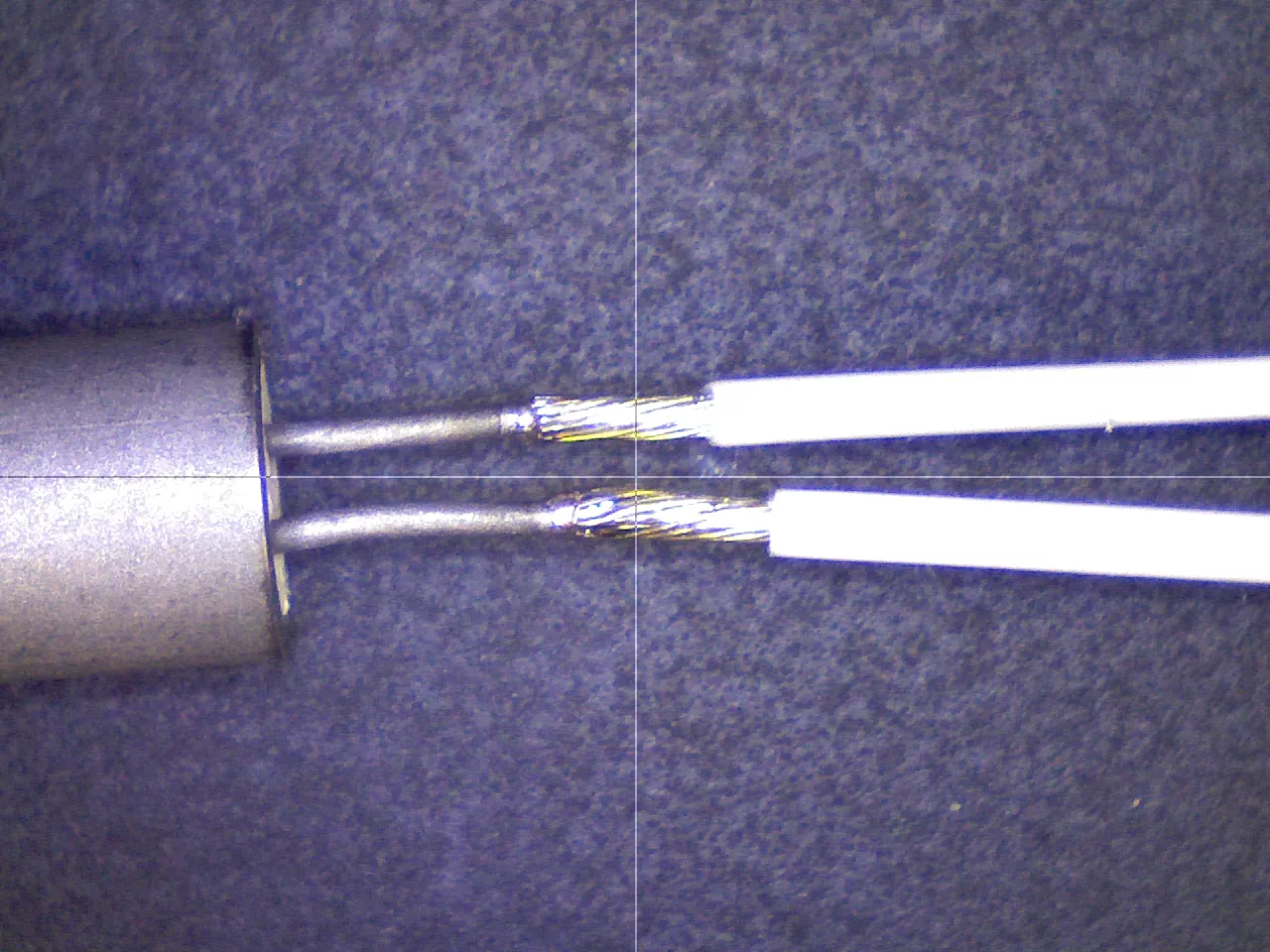 Two white insulated wires joined to a metal cylinder, magnified