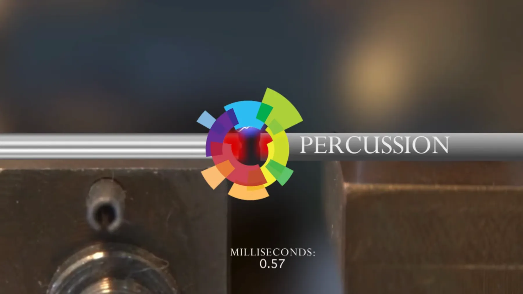 Animation frame of two rods meeting with the Percussion logo and a millisecond counter