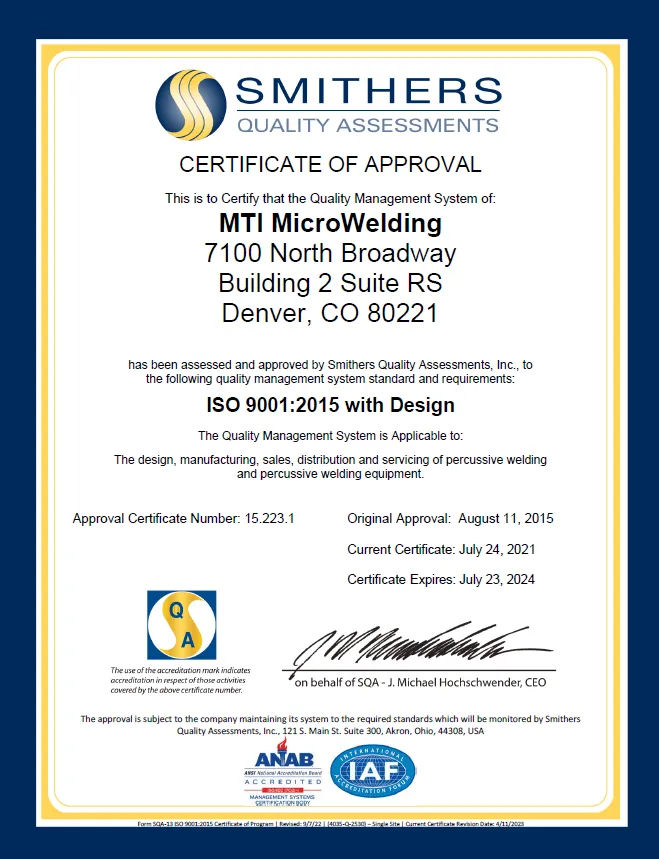 Smithers ISO 9001:2015 certificate of approval for MTI MicroWelding, Denver