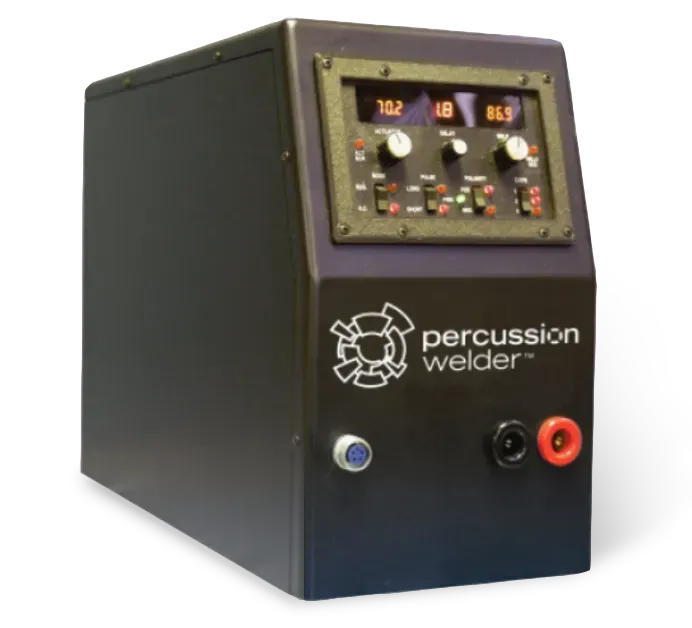Percussion welder power supply with red LED display and output jacks, three-quarter view on grey